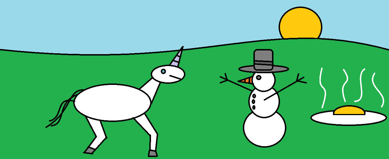 A unicorn, snowman, and fried egg, crudely drawn using Microsoft Paint